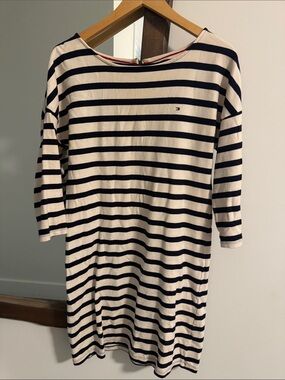 Tommy Hilfiger Navy and Cream Nautical Striped 3/4 Sleeve Boatneck Dress